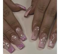 24 Pezzi Lunghezza Chiodi Acrilici Fiori Pieno Incollare Su Pizzo Francese. Basta premere Falso