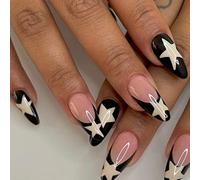 24 Pezzi Mandorle Press On Nails Medio Unghie Finte Francesi Bianche, Pentagramma, Unghie Finte Acriliche da incollare con Design, Finte Unghie Lucide per Donne e Ragazze