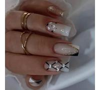 24 pezzi Nail Art Presses Ons Nero Bianco V French Tip Love Heart Pattern con Perle Finitura ABS per feste Premi sulle Unghie Punta Francese Unghie Finte Unghie Ombres Unghie Artificiali Presse sulla