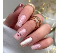 24 Pezzi Natale Gel Unghie Finte Lunghe Bara Adesive Press on Nails Rosa Ballerina Copertura Completa French Alce Pattern Stick sulle Unghie per Donne e Ragazze Nail Art Decorazioni