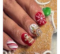 24 Pezzi Natale Unghie Finte Corte Quadrate, Francese Rosso Press on Nails Naturali Artificiali Unghie, Acrilico Colorate Unghie Finte per Donne e Ragazze (Omino di pan di zenzero & fiocco di neve)