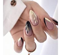 24 pezzi Nuove Unghie Deliziosamente Amandola A Forma Di Mandorla Con Colori Nero E Bianco E Decorazioni In Polvere Brillantinata, Perfette Per L'Uso Quotidiano, Con 1 Pezzo Lime Per Unghie E 1 Pezzo 