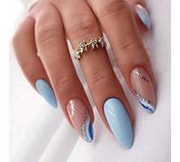 24 pezzi Press on Nails Mandorle Medi, unghie finte francesi da incollare, copertura completa per unghie finte con design a onde blu, unghie artificiali acriliche per donne e ragazze