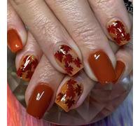 24 pezzi Press sulle unghie, punta europea, design a foglia corta, unghie artificiali, con rivestimento radiance Maple Leaf Design