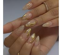 24 Pezzi Pressa Mandorle Su Unghie Corte Finte Unghie Copertura Completa Acrilico Lucido Con Linee D'oro Accessori Per Chiodi