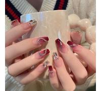 24 pezzi Punta unghie forma lunga a forma di bara con cuori a gradiente rosa con catene e disegni con strass, dotati di colla a gel doppia faccia e 1 pezzo di tamponi per unghie come forniture per ung