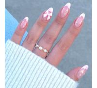 24 Pezzi Rosa Francese Unghie Finte Adesive, Media Mandorla Gel Artificiali Tips Unghie, Acrilico Fake Nails con Fiocchi e Perle Design, Lucide Copertura Totale Press on Nails per Ragazze Donna