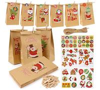 24 Pezzi Sacchetti di Carta, Sacchetti Regalo di Carta con Adesivi per Feste di Natale Sacchettini Compleanno Bambini, Albero di Natale di Babbo Natale Natale Alce Design per Natale Festa, Marrone
