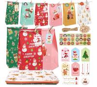 24 Pezzi Sacchetti di Carta, Sacchetti Regalo di Carta con Adesivi per Feste di Natale Sacchettini Compleanno Bambini, Albero di Natale di Babbo Natale Natale Alce Design per Natale Festa, Colore