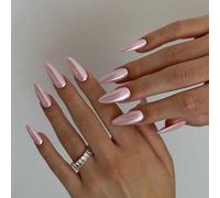 24 pezzi/set Adesivi per unghie a forma di mandorla di media grandezza di stile Y2K, colore rosa olografico metallico cromato lucido. Polvere per unghie olografica, glitter iridescente a specchio di s