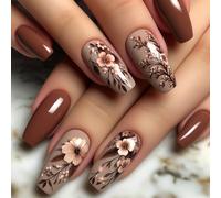 24 pezzi Set di adesivi per unghie a forma di bara, aggiorna istantaneamente la tua arte di unghie! Eleganti e alla moda fiori marroni, unghie finte rosso-marrone, bellissime unghie finte rosso-marron