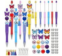 24 pezzi Set di penne con perline colorate a tema farfalla e margherita, perline di legno a forma di farfalla, fermaglio a moschettone e nappina, per realizzazione fai-da-te di penne, per ufficio, stu