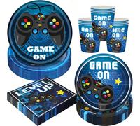 24 pezzi Set di piatti, tovaglioli, bicchieri a tema videogiochi, stoviglie usa e getta per feste a tema videogiochi, piatti per torta e dessert, set di articoli per la tavola per feste di compleanno,