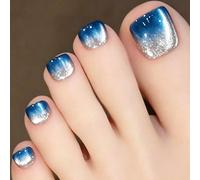 24 pezzi Set di unghie finte per i piedi in acrilico riutilizzabili stile Y2K con manicure francese blu, include 24 pezzi di cuscinetti adesivi e 1 mini lima per unghie Blocchi di coloreABS,Gelatina,C