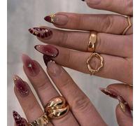 24 pezzi/set Unghie finte eleganti e splendide a forma di mandorla con sfumature bordeaux 3D ondulate, stile french manicure, con stelle in lamina, include smalto gel e lima per unghie, ideale per rag
