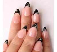 24 pezzi Stampa brillante sulle unghie in pizzo francese nero unghie finte mandorla corta Full Stick On Nails Star unghie acriliche