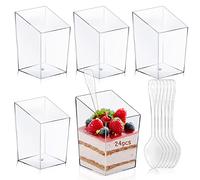 24 Pezzi Tazze da Dessert con Cucchiai, 90ML Tazze da Dessert in plastica Coppette da Dessert Plastica Riutilizzabile,Bicchierini da Dessert Trasparente, per Essert, Budino, Mousse, Gelato, gelati