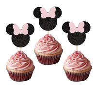 24 pezzi Topolino ispirato compleanno decorazione torta topo Happy Birthday Cake Topolino Topolino con fiocco topo decorazione torta per Happy Birthday Party decorazione torta nero e rosa