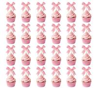 24 Pezzi Topper per Cupcake con Fiocco, Decorazioni Torte con Fiocco Grazioso Nastro in Raso di Poliestere Stecchini Cupcake Decorazioni per Torte di Dessert Feste a Tema Coquette (Rosa)