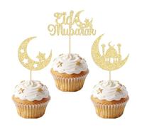 24 Pezzi Topper per Cupcake Eid Mubarak, Decorazioni per Torte con Glitter Stelle e Luna, Ramadan Cupcake Topper, Decorazioni Cupcake per Ramadan, Eid al-Fitr, Festa e Tavolo Dolci (Oro-G)