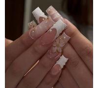24 pezzi Unghie a forma di bara lunghe 3D in gel, con design floreale e marino con decorazioni in perle, unghie finte acriliche da applicare, con 1 bottiglia di gel trasparente e 1 lima, adatte per us