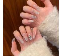 24 Pezzi Unghie Artificiali Da Imprimere Unghie Manicure Unghie Artificiali Con Motivo Vorticoso E Acenti D'argento Per Un Look Elegante