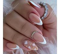 24 pezzi unghie corte a mandorla da spingere a forma di cuore lucido pizzo francese manicure arte per feste matrimonio unghie