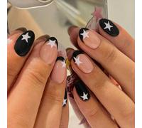 24 pezzi Unghie finte a forma ovale corta con disegno a stella, punta francese, set di unghie acriliche finte perfette per adattarsi, include: 1 pezzo di colla gel e 1 lima per unghie, unghie a punta