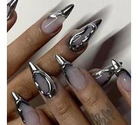 24 Pezzi Unghie Finte Adesive, Media Mandorla French Gel Artificiali Tips Unghie, Argento Lucide Ballerina Acrilico Fake Nails, Copertura Completa Press on Nails Riutilizzabili per Ragazze