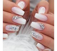 24 Pezzi Unghie Finte Adesive Rosa Bianco Glitterate Bara Stampa sulle Unghie Ballerina French Unghie Artificiali con Strass Medio Acrilico Stick sulle Unghie per Donne Ragazze Manicure Fai da Te