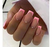 24 Pezzi Unghie Finte Corte Francese Lucide Stampa Sulle Unghie Copertura Completa Attaccare Sulle Unghie Adesive Ballerina Acrilico False Nails con Disegno Elegant Touch per Donna Ragazze (A)