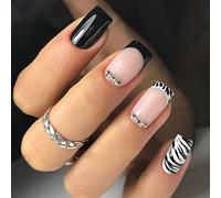 24 Pezzi Unghie Finte Corte Francese Lucide Stampa Sulle Unghie Copertura Completa Attaccare Sulle Unghie Adesive Ballerina Acrilico False Nails con Disegno Elegant Touch per Donna Ragazze (F)