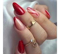 24 Pezzi Unghie Finte Corte Mandorla Adesive Colorate Press on Nails Acrilico Copertura Completa French Artificiali Tip Unghie Ovali Stick sulle Unghie per Donne e Ragazze (Ondulazione Rossa)