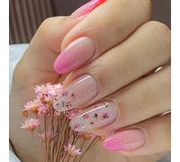 24 Pezzi Unghie Finte Corte Mandorla Lucide Adesive Colorate French False Nails Artificiale Premere Sulle Unghie Ballerina Copertura Completa Ovali Unghie Finte per Donna Ragazze (Pink Fiori)