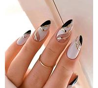 24 Pezzi Unghie Finte Corte Mandorla Lucide Adesive Colorate French False Nails Artificiale Premere Sulle Unghie Ballerina Copertura Completa Ovali Unghie Finte per Donna Ragazze (Bianco Nero Glitter)