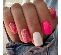 24 Pezzi Unghie Finte Corte Quadrate, Adesive Press on Nails in Acrilico, Graffiti Bianchi Rosa Copertura Completa Artificiali Stick sulle Unghie, Ballerina Stampa sulle Unghie per Donne e Ragazze