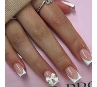 24 Pezzi Unghie Finte Corte Quadrate French Press on Nails Nude Rosa Francese Unghie Finte con Fiocco Riutilizzabili Adesive Copertura Completa Acryl Fake Nails per Ragazze Donna Manicure Fai da Te