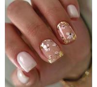 24 Pezzi Unghie Finte Corte Quadrate French Tip Press on Nails Fiore Bianco Francese Unghie Finte Riutilizzabili Adesive Copertura Completa Acryl Fake Nails per Ragazze Donna Manicure Fai da Te