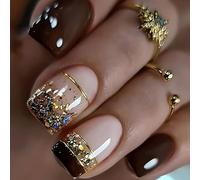 24 Pezzi Unghie Finte Corte Quadrate French Tip Press on Nails Marrone Lucide Francese Unghie Finte Riutilizzabili Adesive Copertura Completa Acryl Fake Nails per Ragazze Donna Manicure Fai da Te
