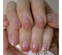 24 Pezzi Unghie Finte Corte Quadrate French Tip Press on Nails Rosa Glitterate Francese Unghie Finte Riutilizzabili Adesive Copertura Completa Acryl Fake Nails per Ragazze Donna Manicure Fai da Te