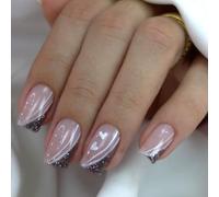 24 Pezzi Unghie Finte Corte Quadrate Press on Nail French Amore Cuore & Linee Unghie Adesive Naturali Acrilico Copertura Completa Stampa sulle Unghie per Donne e Ragazze