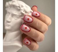 24 Pezzi Unghie Finte Corte Quadrate Press on Nail French Cuore d'amore Rosso Unghie Adesive Naturali Acrilico Copertura Completa Stampa sulle Unghie per Donne e Ragazze