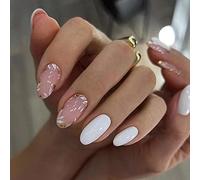 24 Pezzi Unghie Finte Francese Corte Mandorla Stampa Sulle Unghie Lucide Attaccare Sulle Unghie Adesive Ballerina Acrilico False Nails per Donna Ragazze Manicure Fai da Te (Bianco)