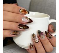 24 Pezzi Unghie Finte Leoapardate Marrone - Forma A Mandorla Media con Perle Dorate 3D, Punta Francese, Ciliegie e Fiori, Unghie Finte Adesive Y2K Full-Cover per Donne