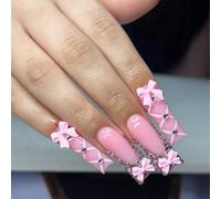 24 pezzi Unghie finte lunghe e quadrate, stile french con strass, glitter rosa, fiocchi lunghi e corti, stile neutro, per uso quotidiano di donne e ragazze, accessori per unghie ABS,Gelatina,Carborund