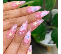 24 Pezzi Unghie Finte Mandorla Lunghe French Rosa Premere Sulle Unghie Acrilico Artificiali Attaccare Sulle Unghie Naturali Ballerina Ovali Unghie Finte con Stelle Carine Disegno per Donne Ragazze