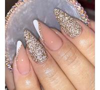 24 Pezzi Unghie Finte Mandorla Premere Sulle Unghie Ballerina Copertura Completa Medie Stampa Sulle Unghie Estive Acrilico False Nails per Donne e Ragazze (Lucide Bianco & Oro)