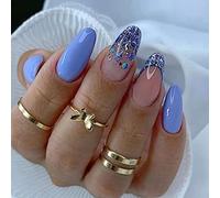 24 Pezzi Unghie Finte Mandorla Premere Sulle Unghie Ballerina Copertura Completa Medie Stampa Sulle Unghie Estive Acrilico False Nails per Donne e Ragazze (Blu Glitterata)