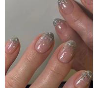 24 Pezzi Unghie Finte Mandorla Premere Sulle Unghie Ballerina Copertura Completa Medie Stampa Sulle Unghie Estive Acrilico False Nails per Donne e Ragazze (Argento Lucide)