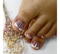 24 Pezzi Unghie Finte Piedi Corte Quadrate Francesi Press on Nails per Piedi in 12 Taglie Naturali Copertura Completa Fake Nails Tips Piedi per Decorazioni Unghie da Donna Manicure (Nero Linee)
